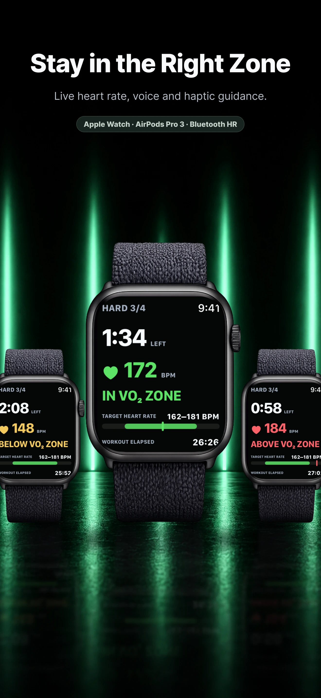 Apple Watch screens showing below, in, and above the Ramp4x4 target zone