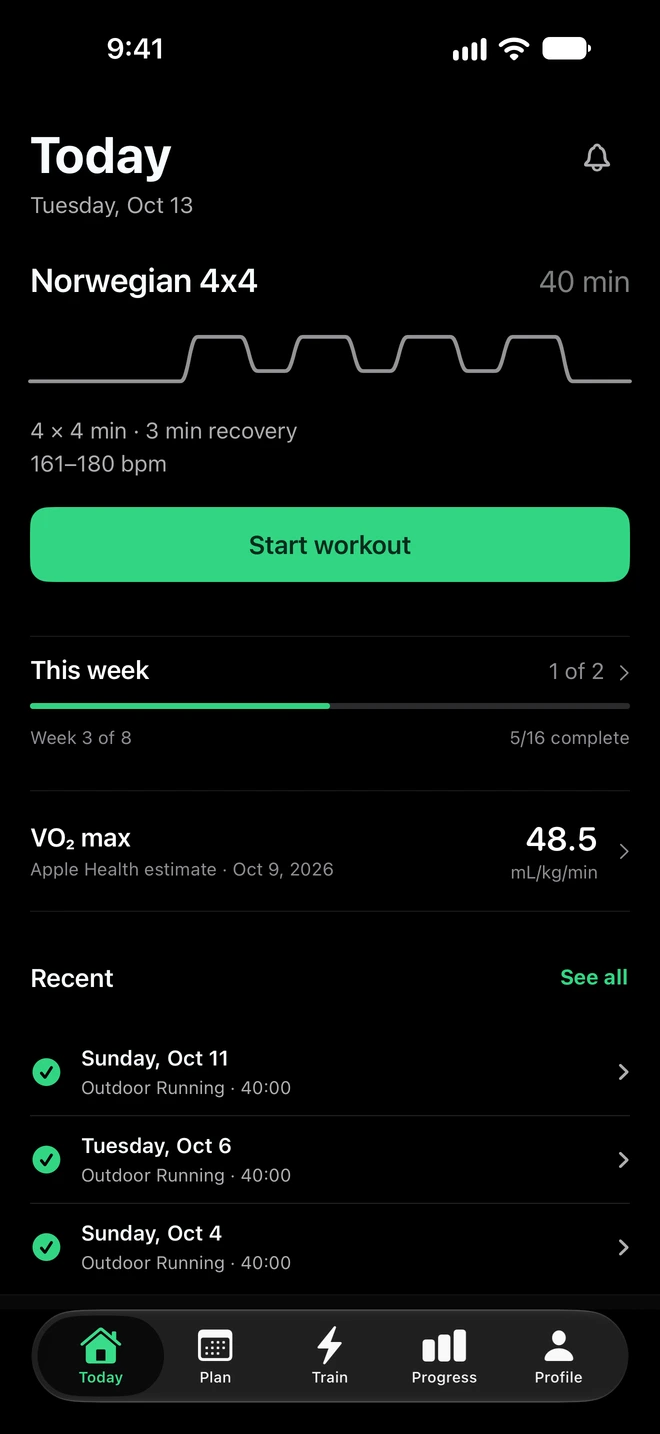 Actual Ramp4x4 Today screen with sample workout history and Apple Health estimates